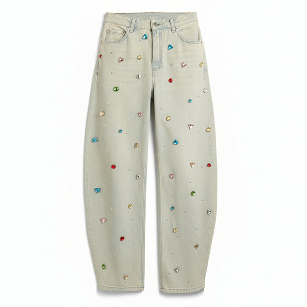 Jeans Ashley barrel con strass e castoni in denim slegato