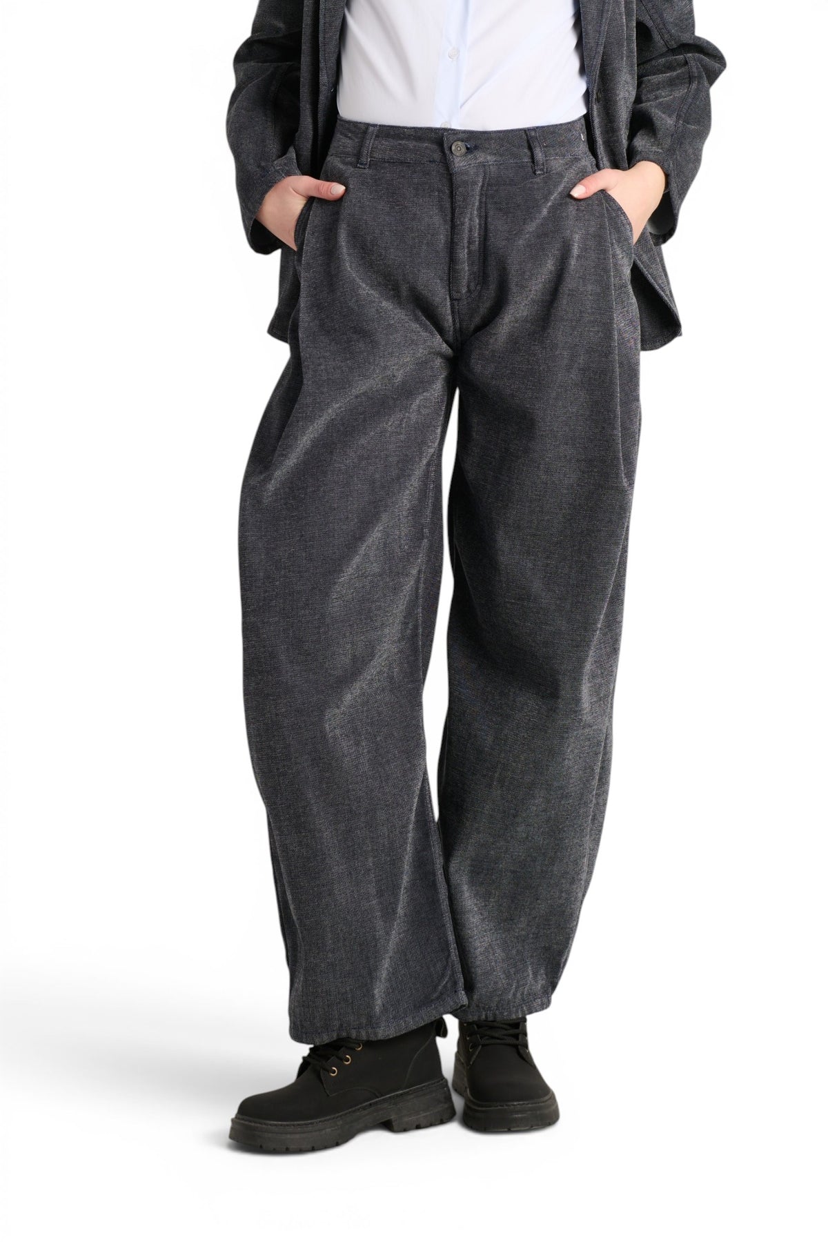 Jeans Anais barrel in denim floccato in trama
