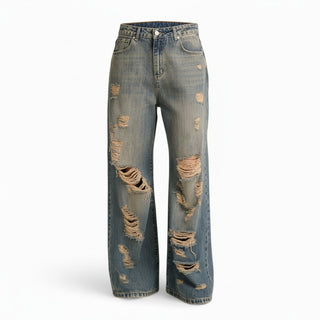 Jeans Ben oversize straight in denim fermo destroyed