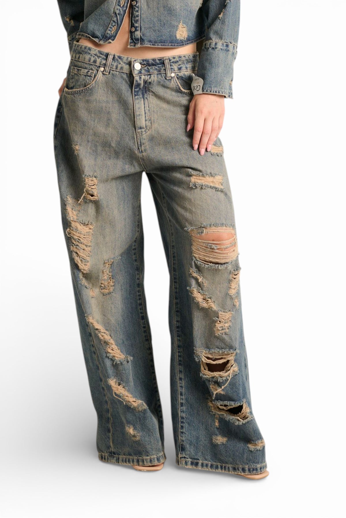 Jeans Ben oversize straight in denim fermo destroyed