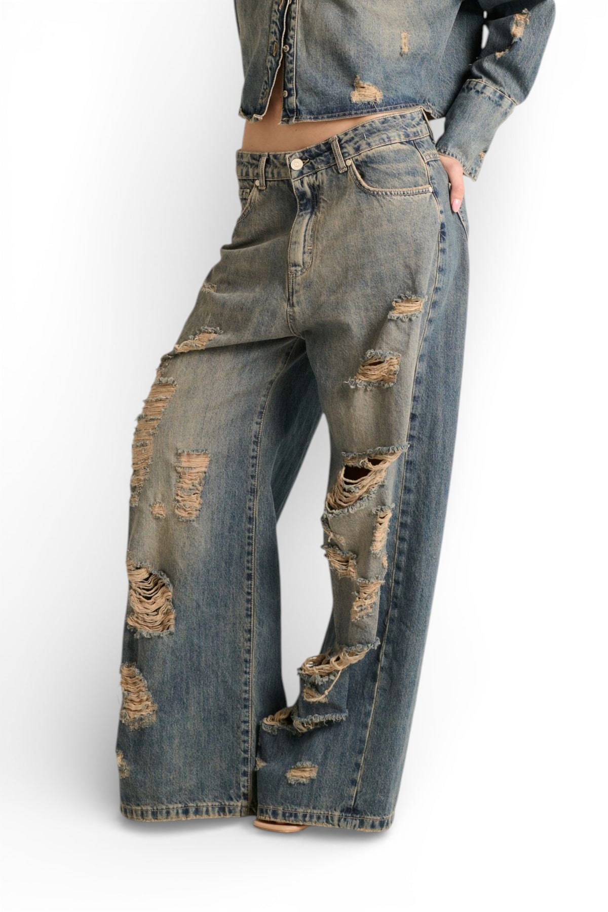 Jeans Ben oversize straight in denim fermo destroyed