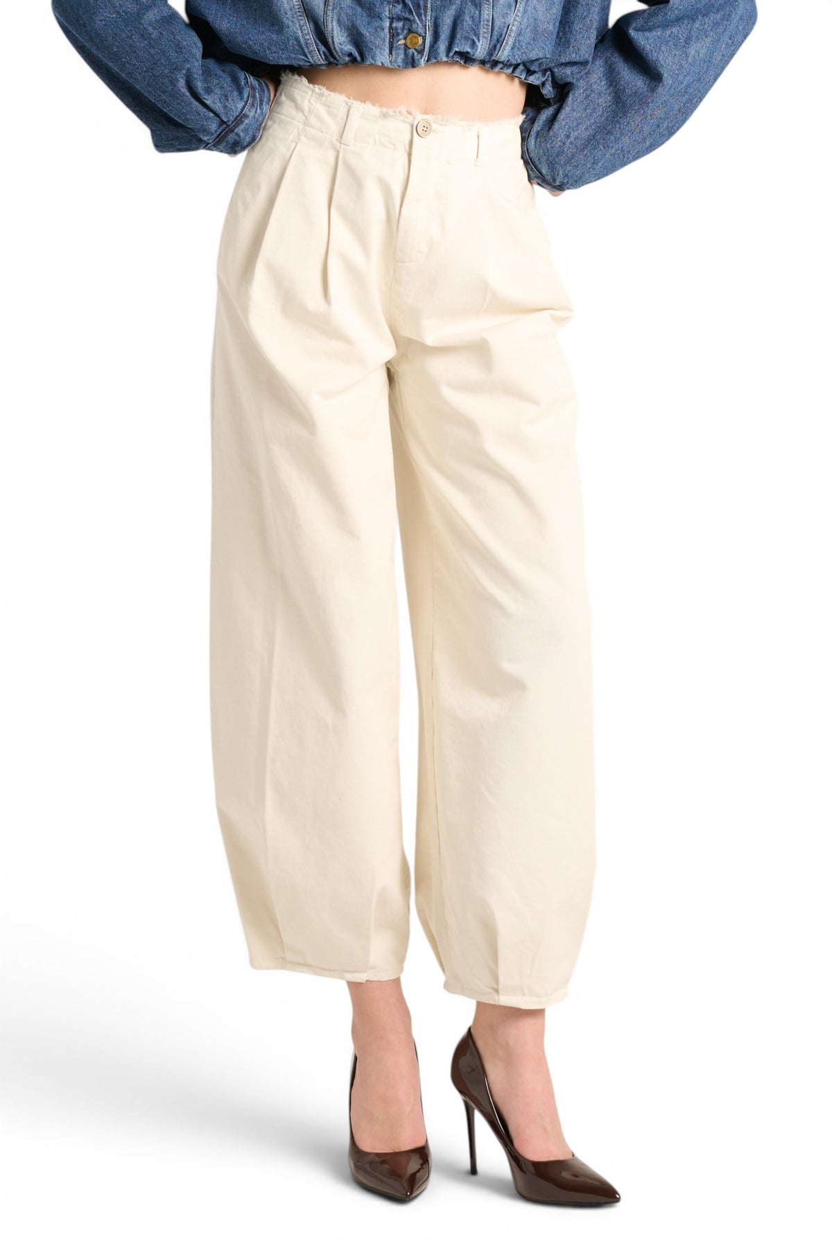 Judo barrel trousers in gabardine with fringed bustier