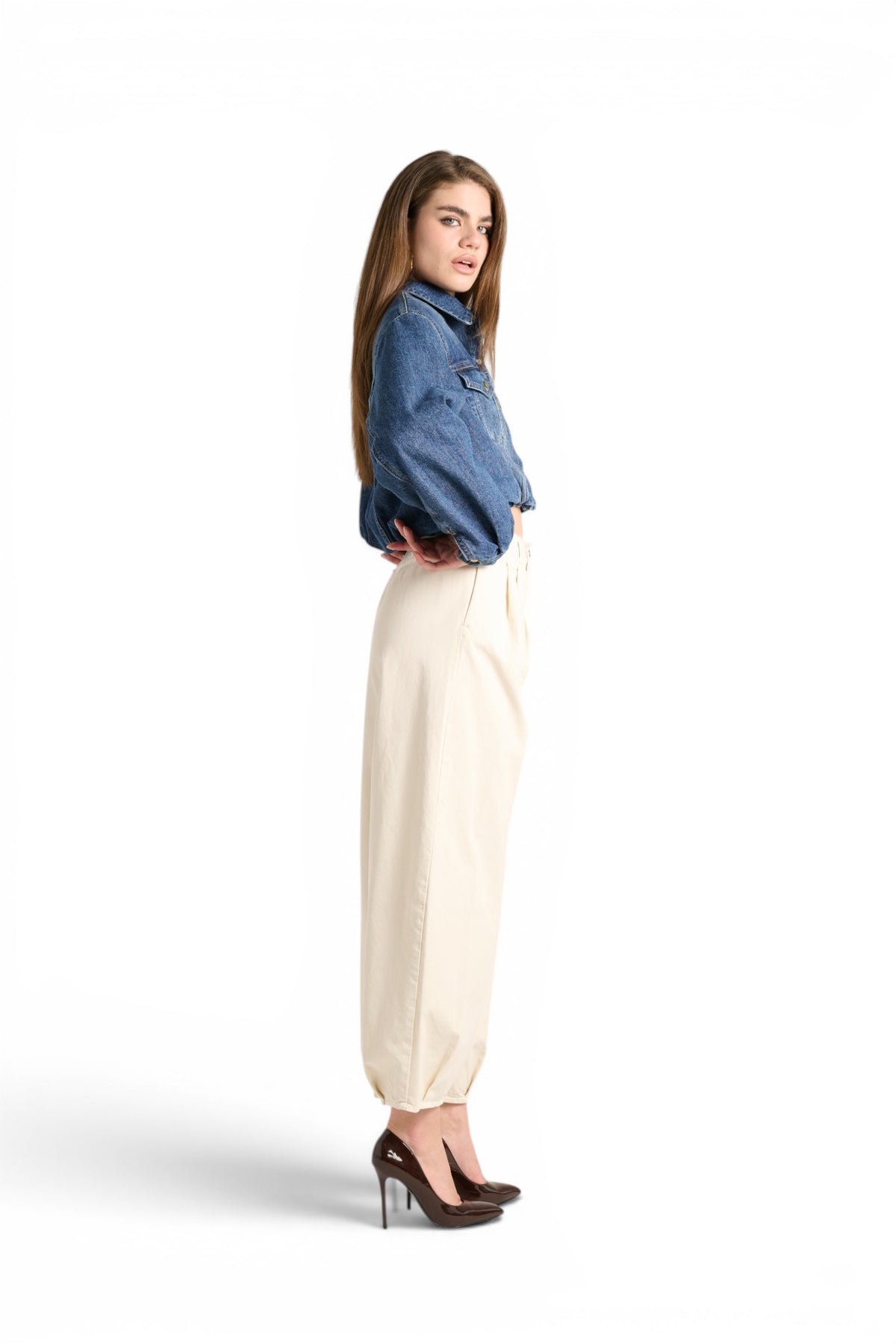 Judo barrel trousers in gabardine with fringed bustier