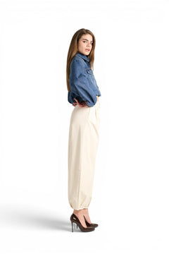 Judo barrel trousers in gabardine with fringed bustier