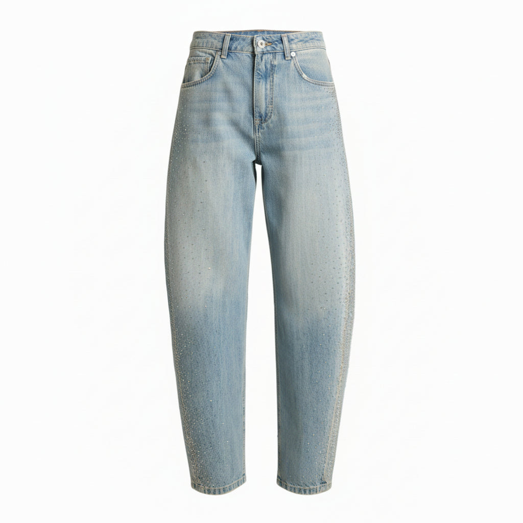 Jeans Anya eggfit con esplosione strass laterale
