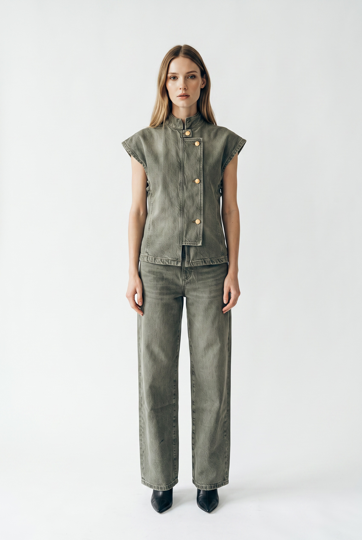 Gilet Hana utility in denim color con collo coreano