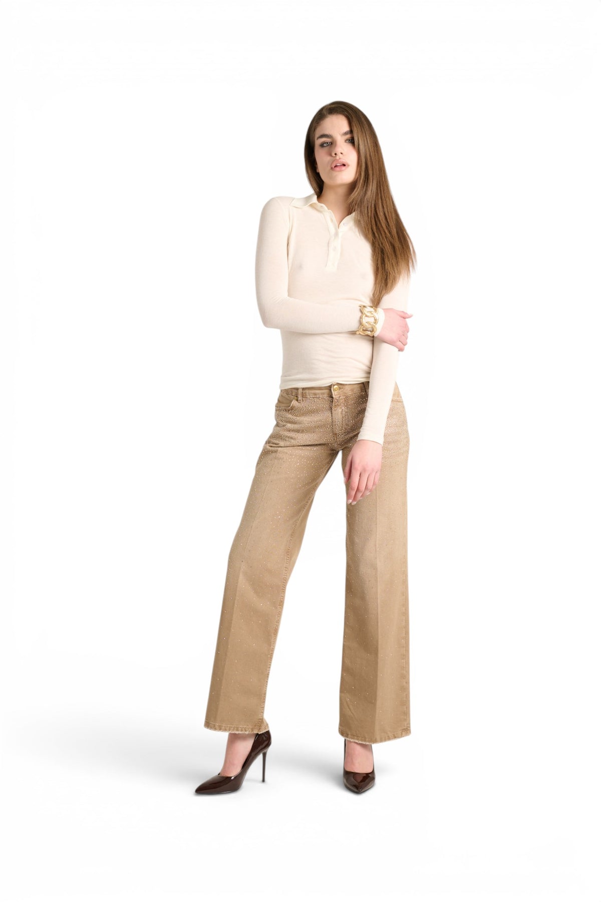 Star gabardine trousers with rhinestone appliqué