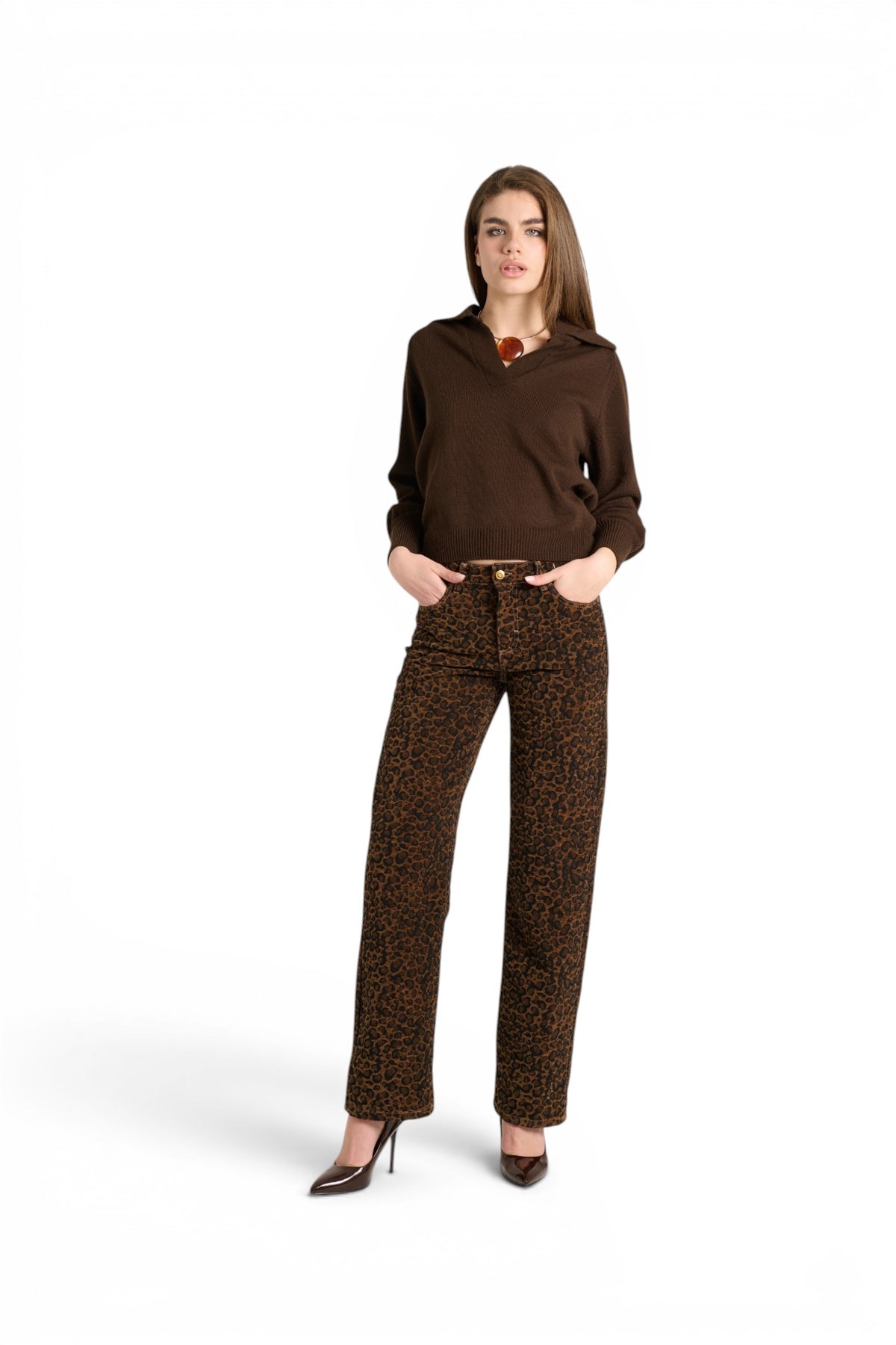 Pantaloni Dina straight in ciniglia animalier