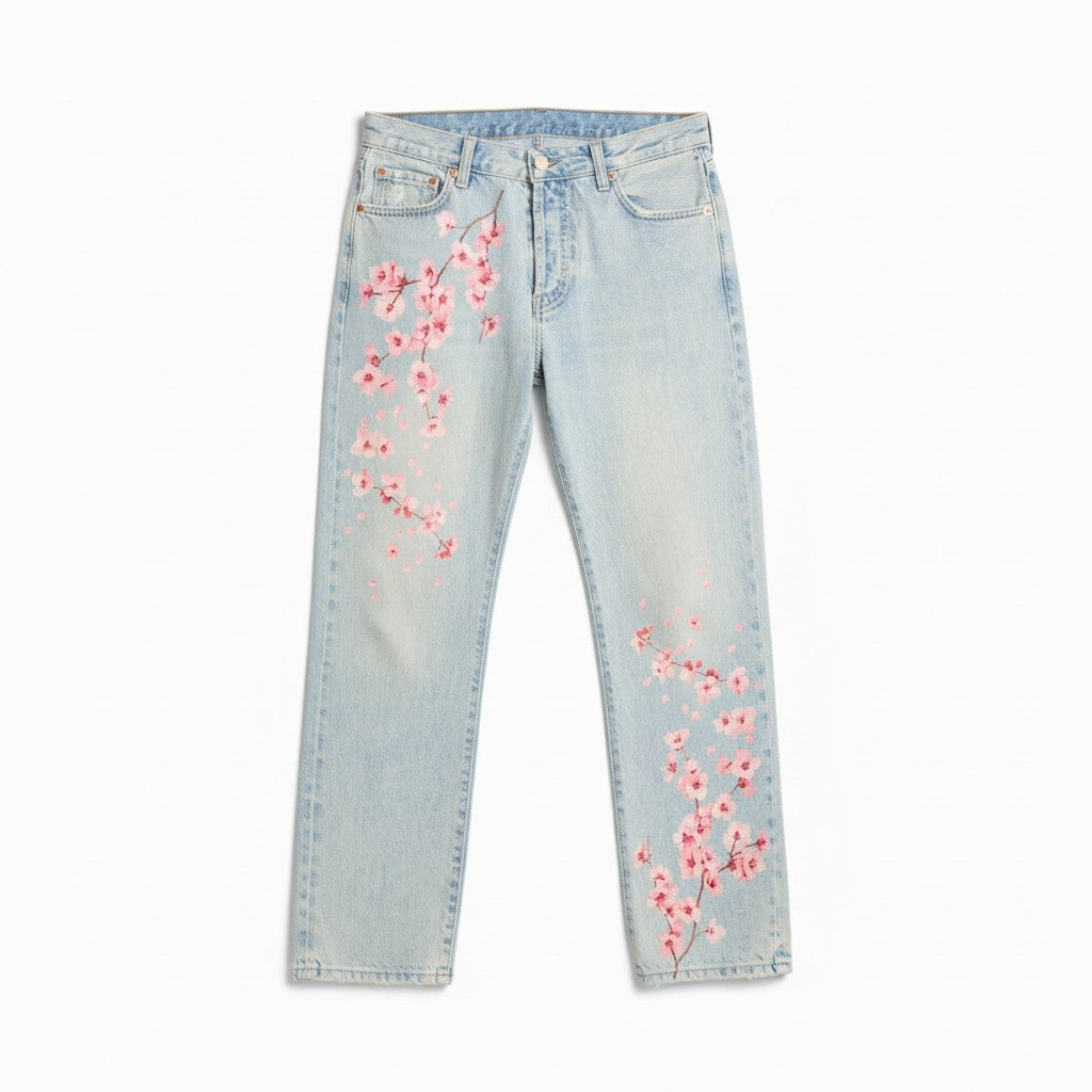 Jeans Celine boyfriend in denim used con stampa fiori di ciliegio