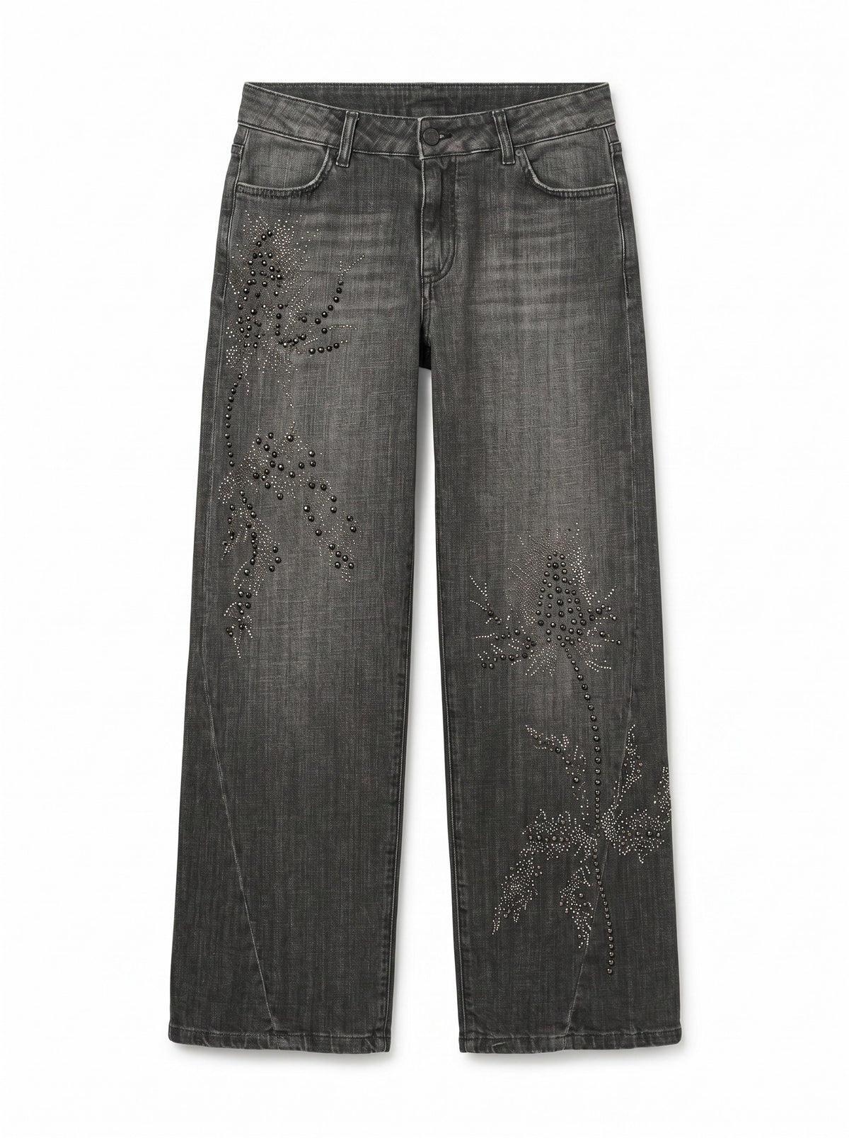 Cherry barrel jeans in black denim with floral application studs and rhinestones