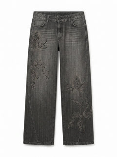 Cherry barrel jeans in black denim with floral application studs and rhinestones