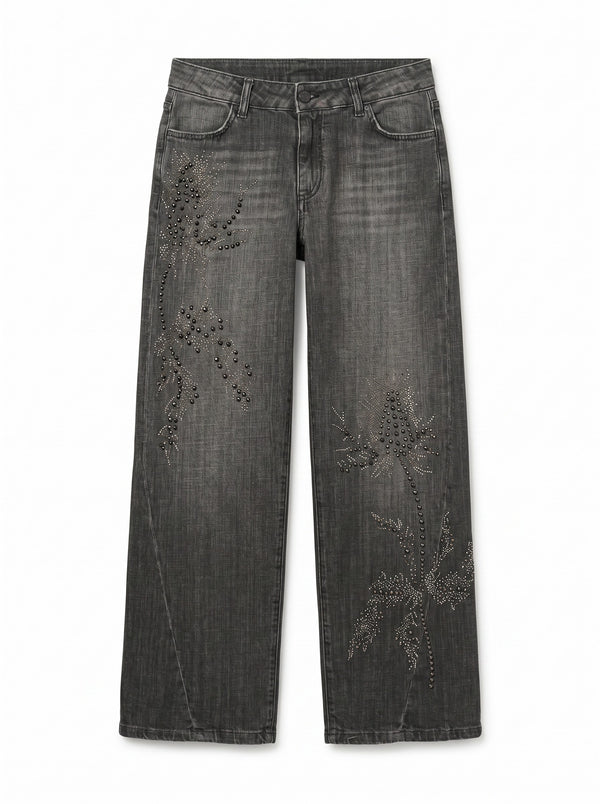 Cherry barrel jeans in black denim with floral application studs and rhinestones