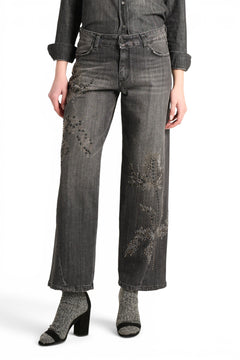 Cherry barrel jeans in black denim with floral application studs and rhinestones