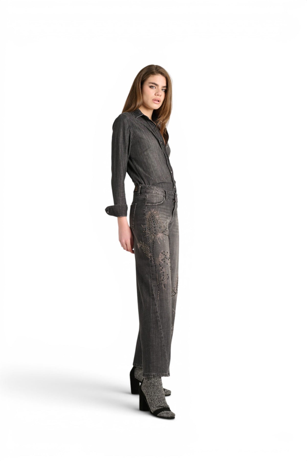 Cherry barrel jeans in black denim with floral application studs and rhinestones