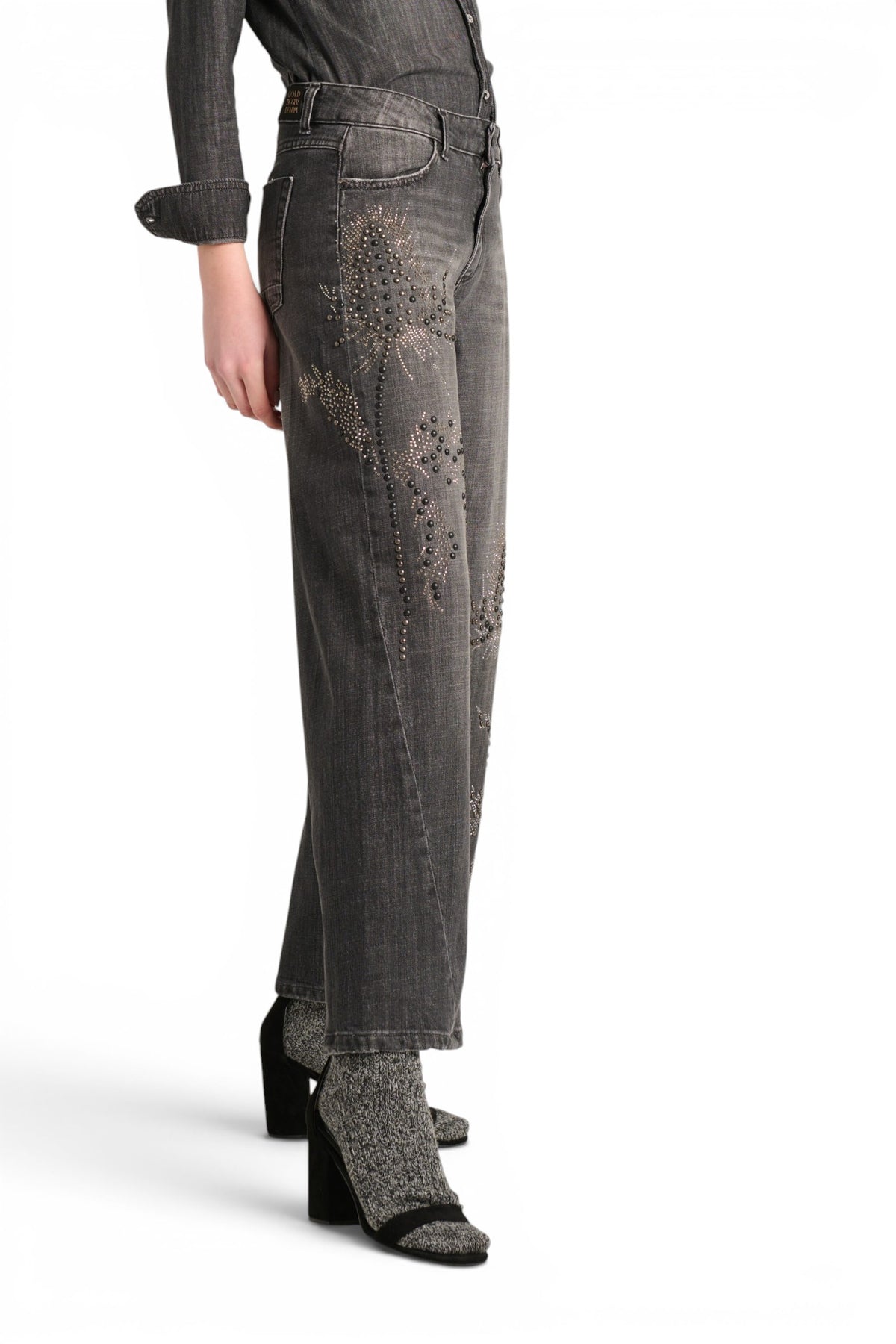 Cherry barrel jeans in black denim with floral application studs and rhinestones