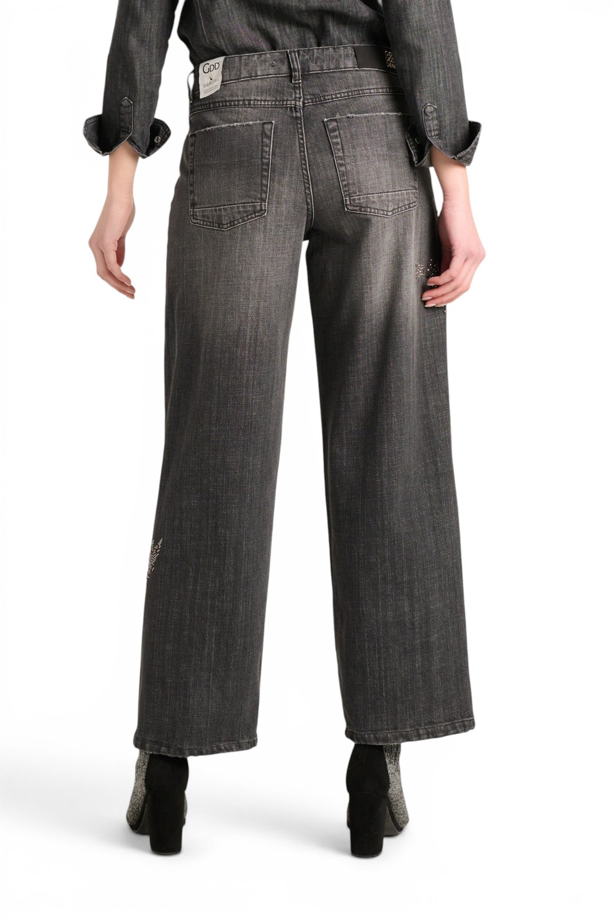 Cherry barrel jeans in black denim with floral application studs and rhinestones