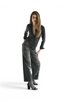 Cherry barrel jeans in black denim with floral application studs and rhinestones