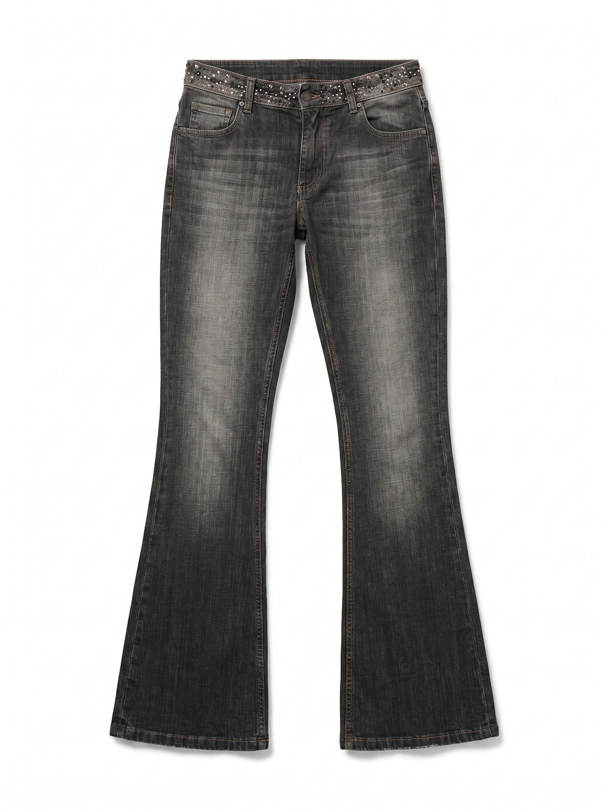 Claire flared bootcut jeans in black denim with hammered studs on the waistband