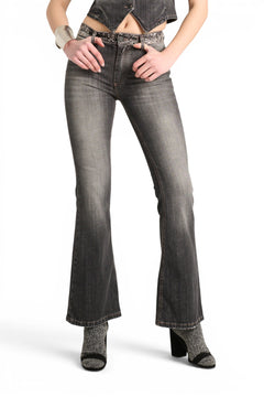 Claire flared bootcut jeans in black denim with hammered studs on the waistband