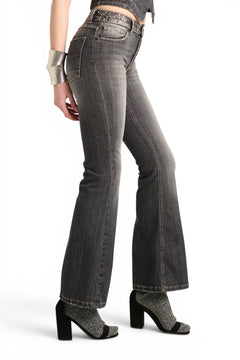 Claire flared bootcut jeans in black denim with hammered studs on the waistband