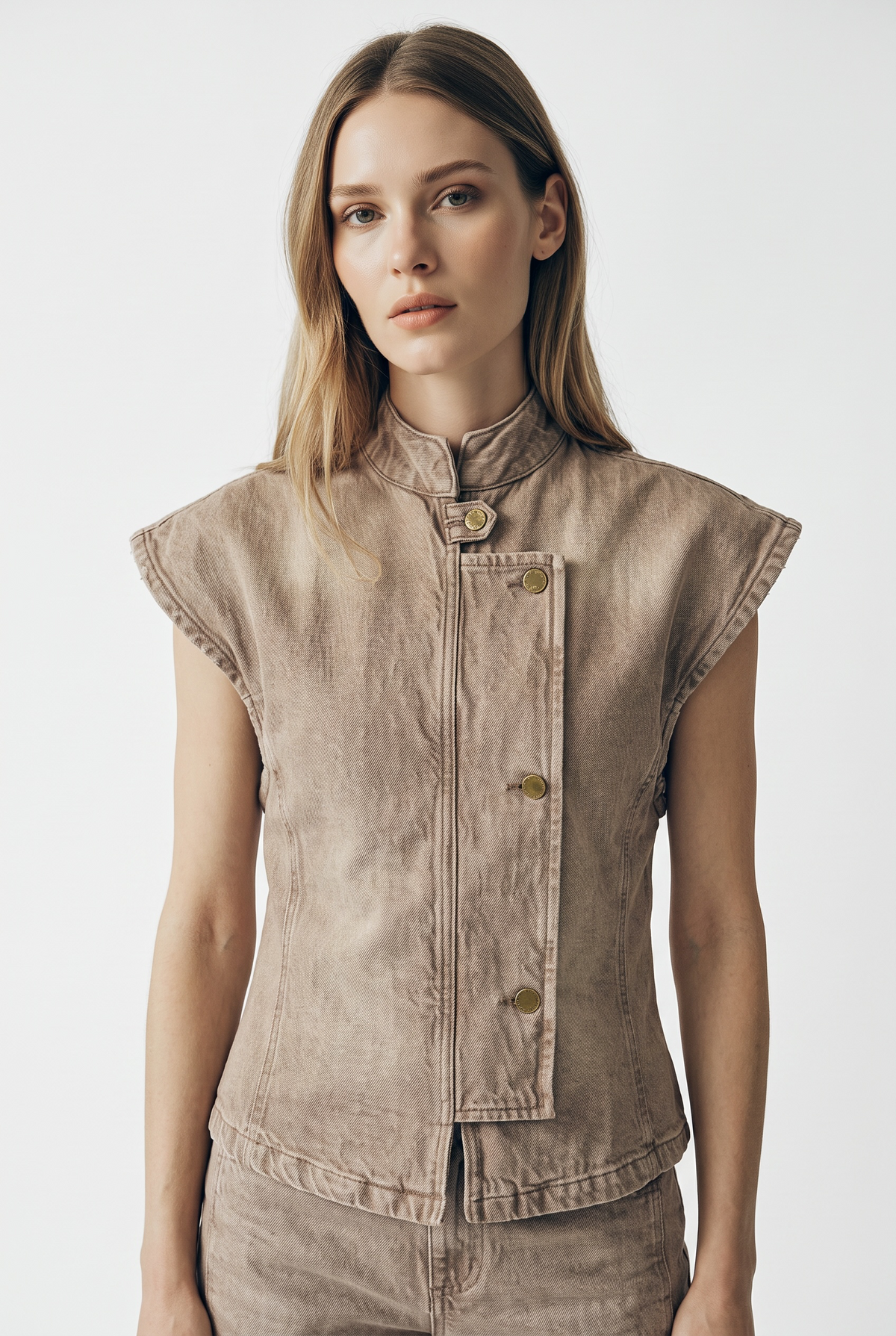 Gilet Hana utility in denim color con collo coreano