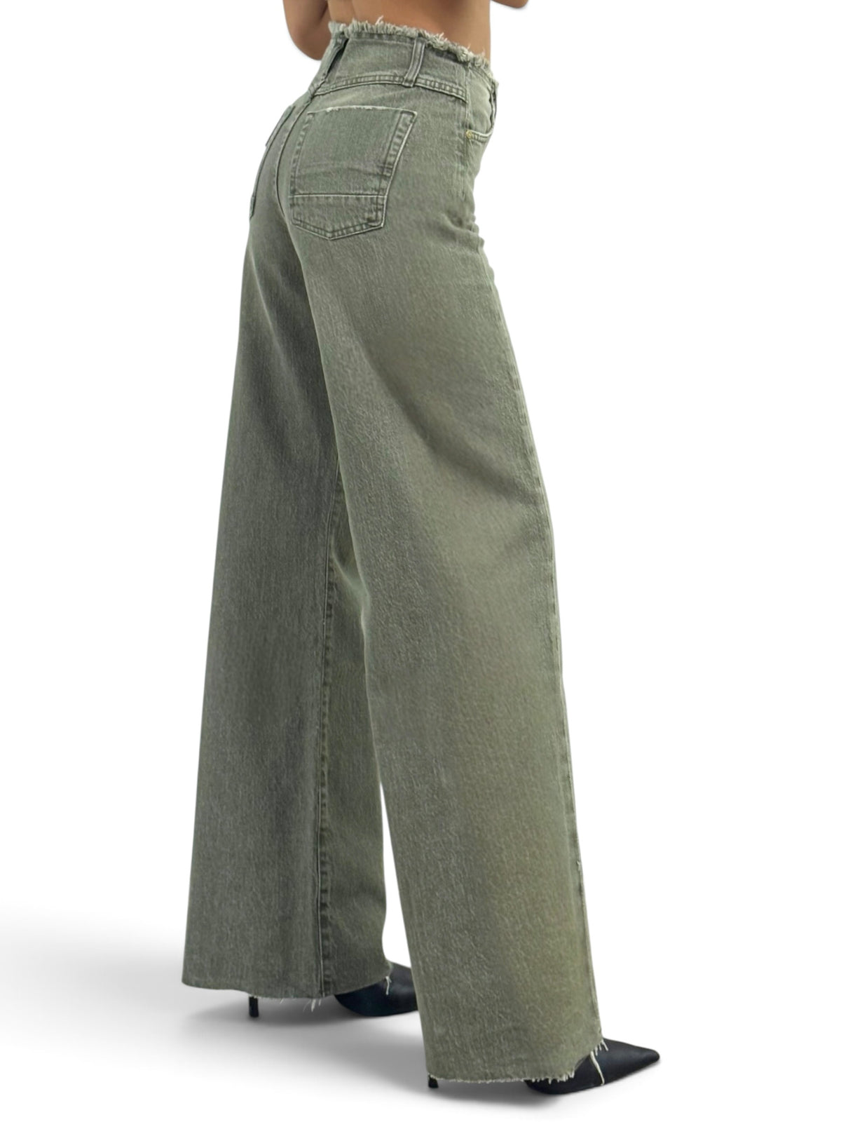 Jeans Daisy wide leg in denim color con cinturino sfrangiato
