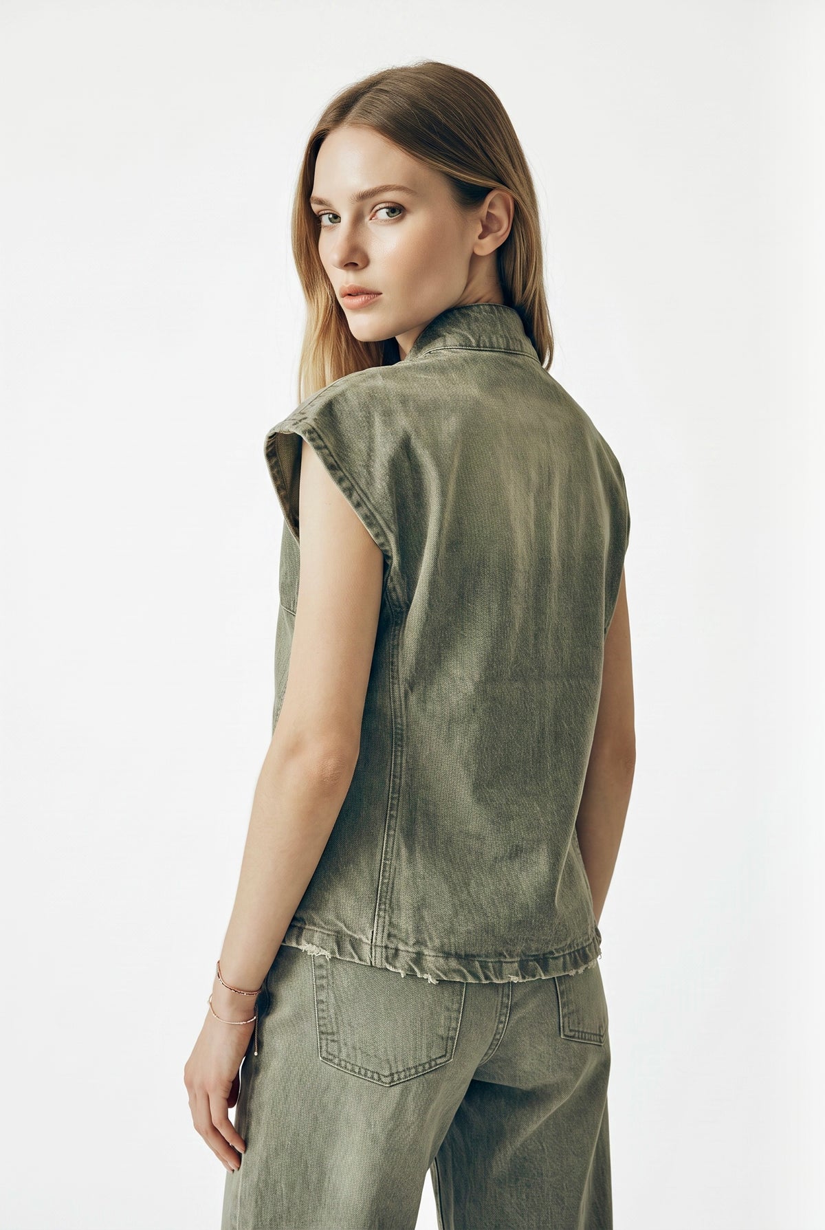 Gilet Hana utility in denim color con collo coreano