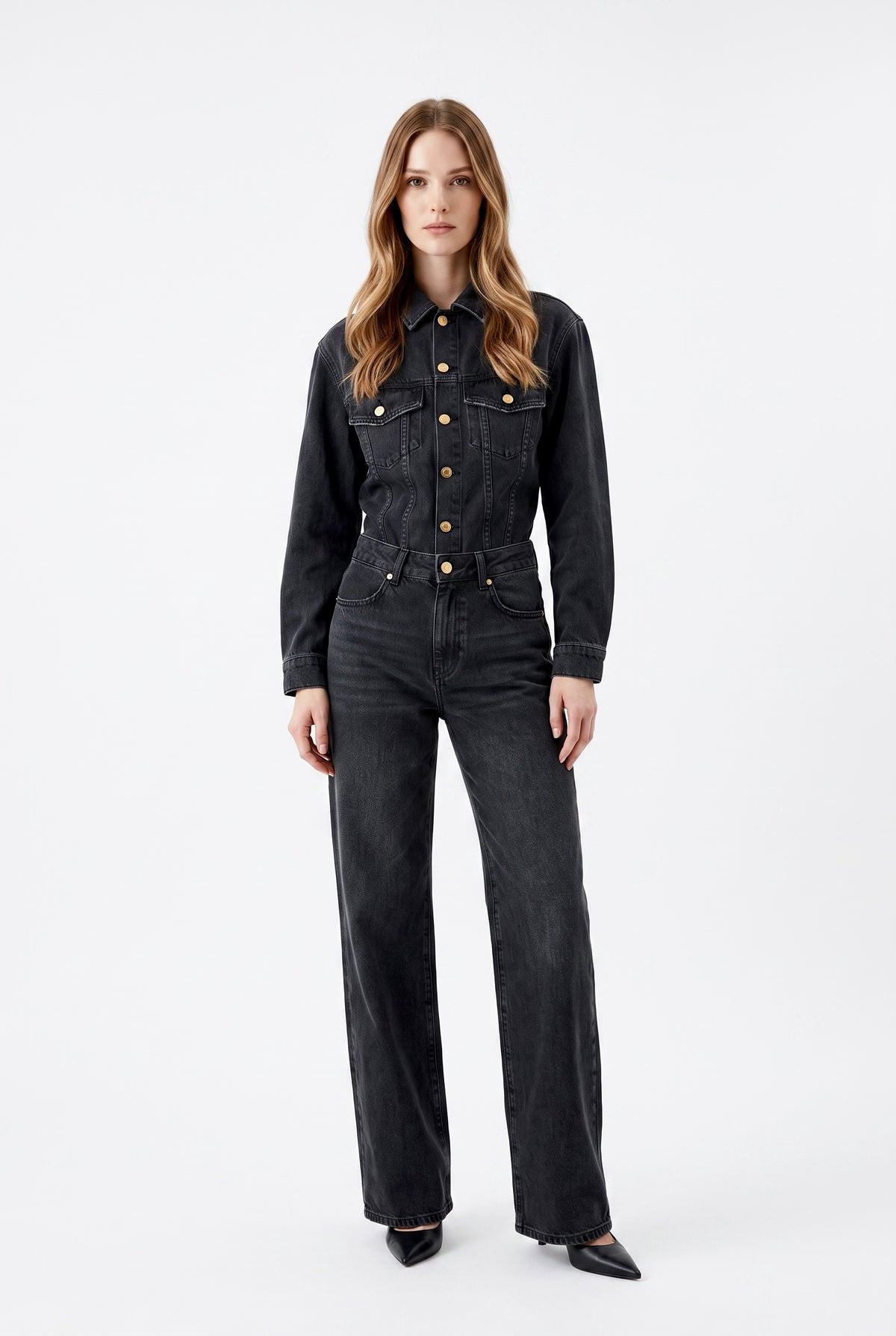 Jumpsuit Mary in drill tinto old con trattamenti denim
