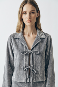Giacca Camicia Sara boxfit in denim floccato con lacci