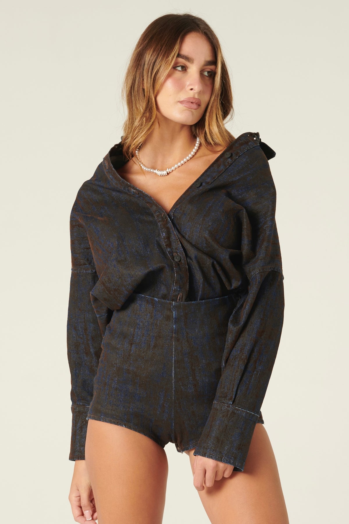 Microshorts Fanny culotte in denim floccato