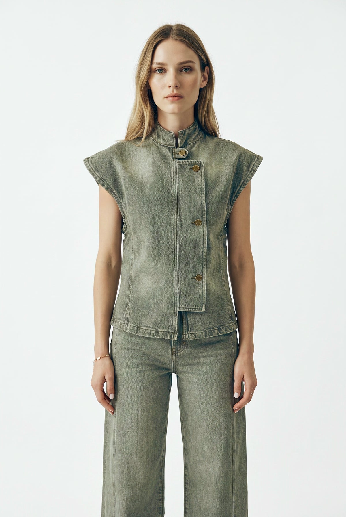 Gilet Hana utility in denim color con collo coreano
