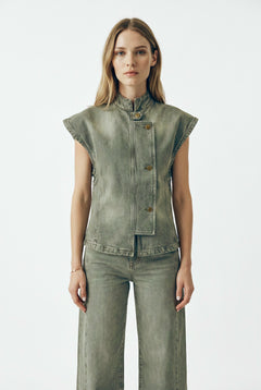 Gilet Hana utility in denim color con collo coreano