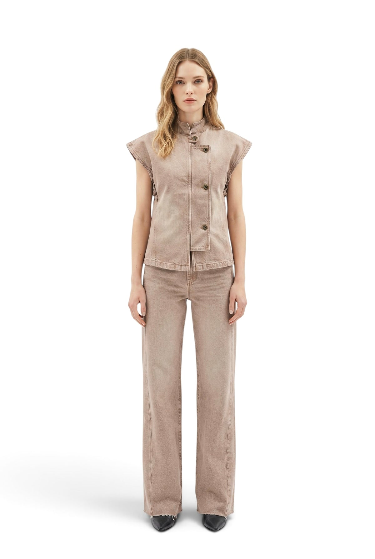 Gilet Hana utility in denim color con collo coreano