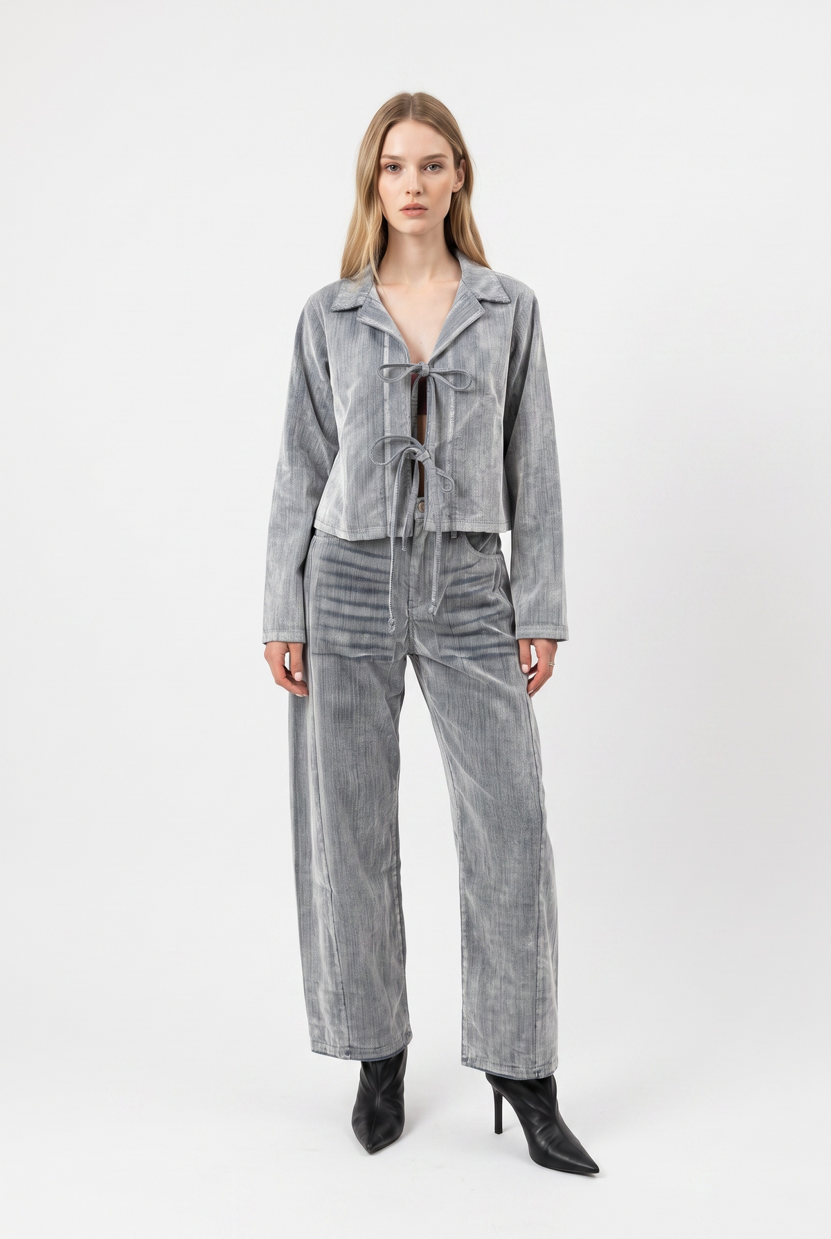 Giacca Camicia Sara boxfit in denim floccato con lacci