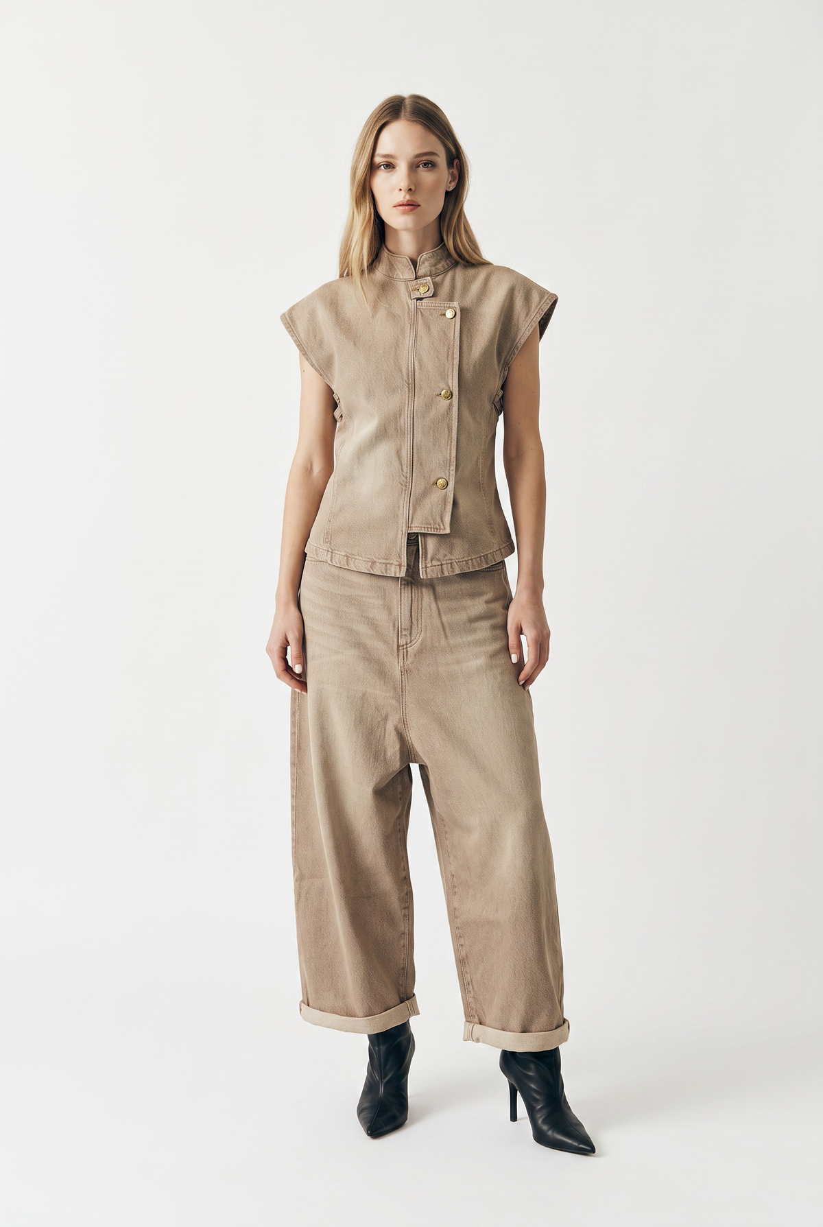 Gilet Hana utility in denim color con collo coreano