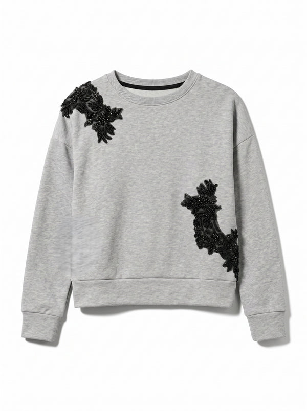 Felpa Crystal girocollo con patch perline e pietre ricamate