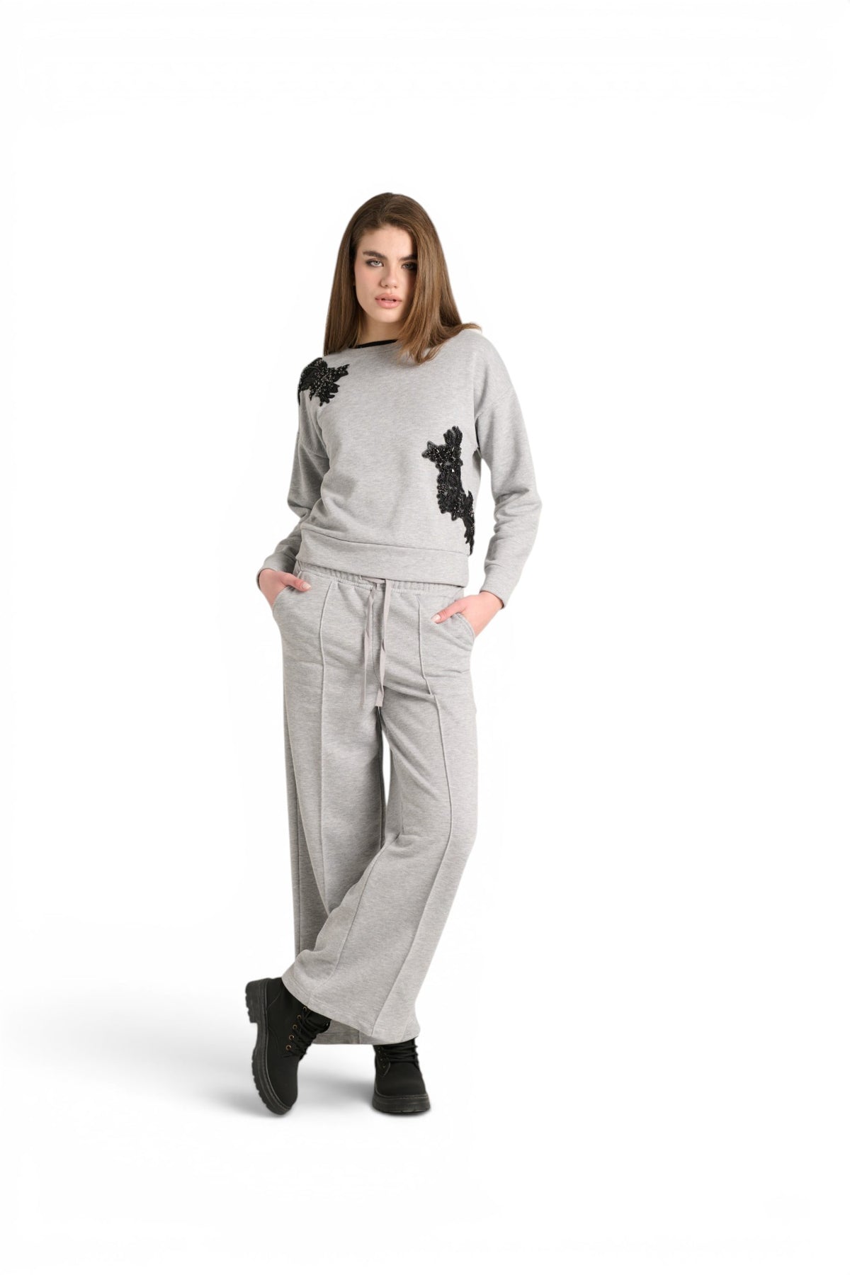 Felpa Crystal girocollo con patch perline e pietre ricamate