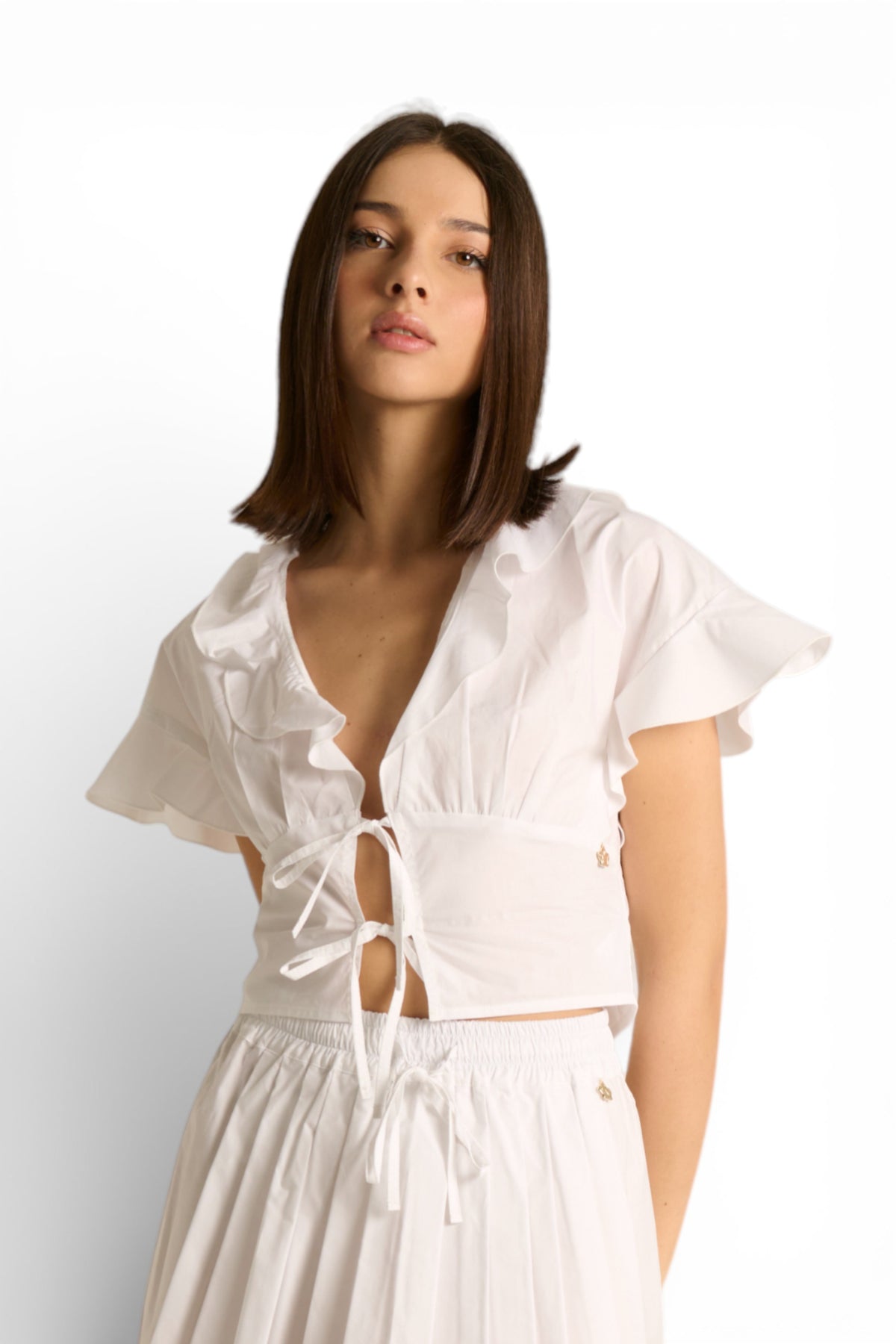 Camicia Roy crop con rouches e lacci sul davanti