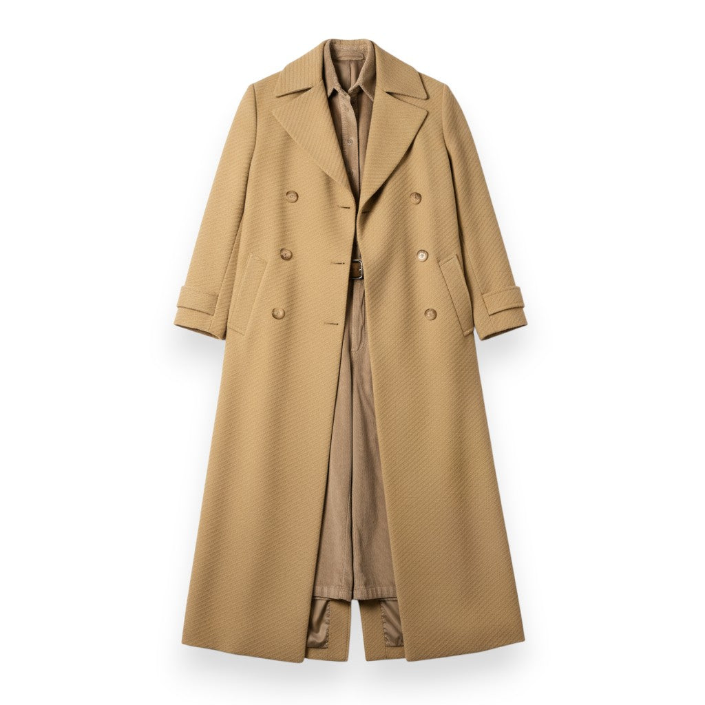 Maxi cappotto Sophie con alamari tessuto diagonale - vista frontale trench doppio petto
