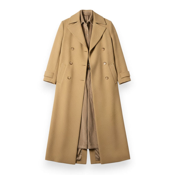 Maxi cappotto Sophie con alamari tessuto diagonale - vista frontale trench doppio petto
