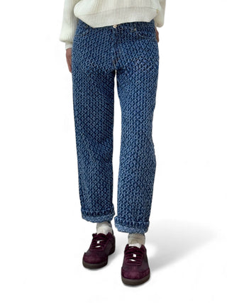 Jeans Arya boyfriend -vista frontale e dettaglio stampa gessata lurex used esclusiva