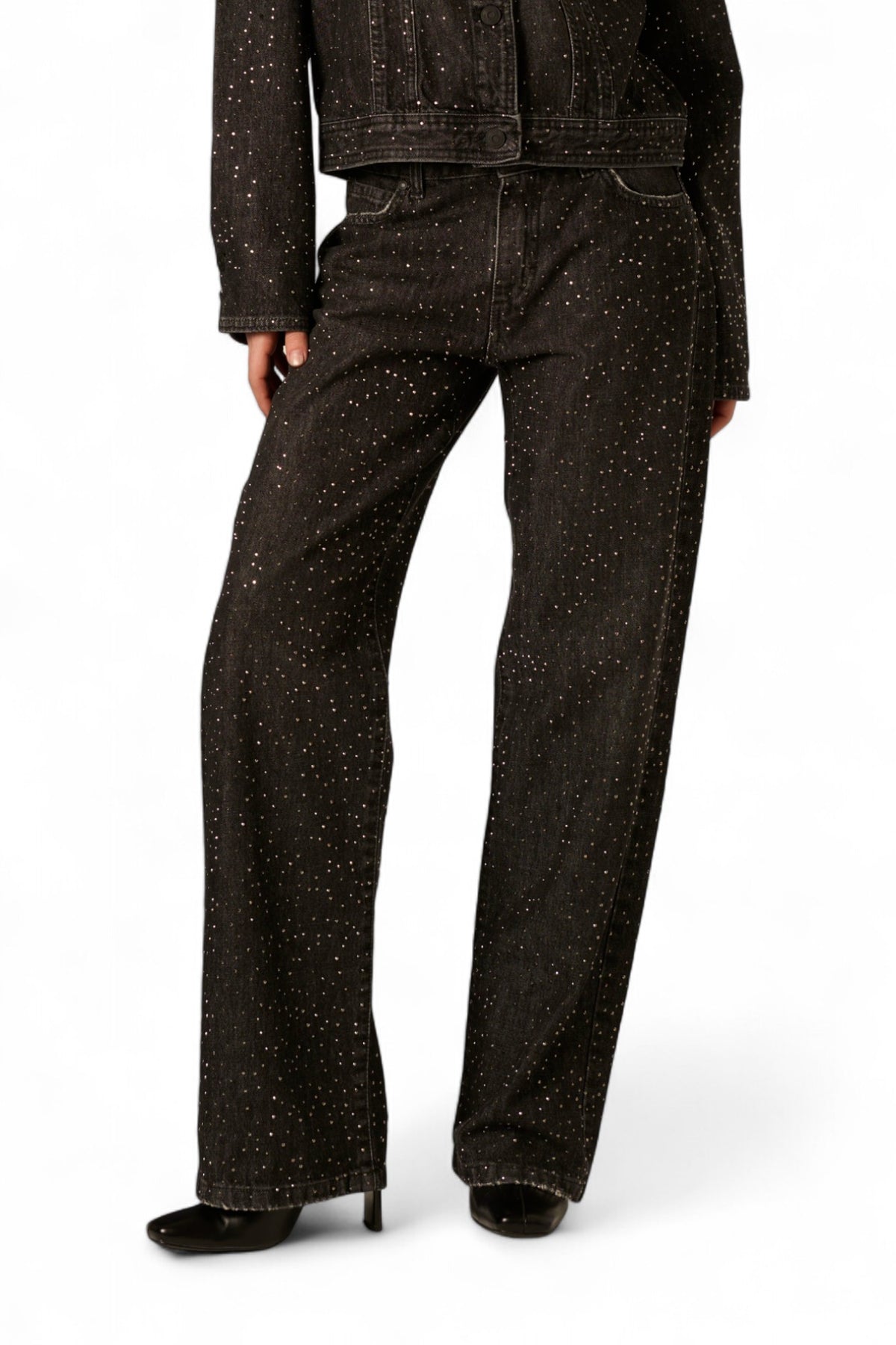 Jeans Becky in denim black con strass all over