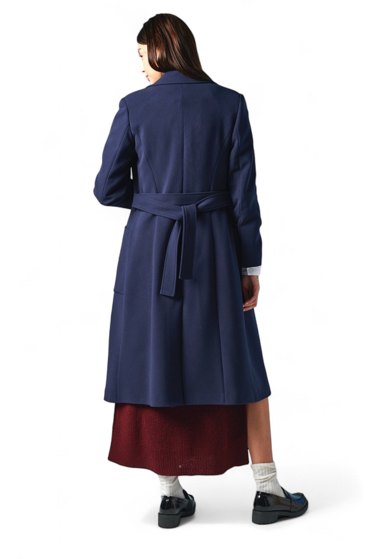 Cappotto lungo blu navy con fusciacca in tessuto tecnico