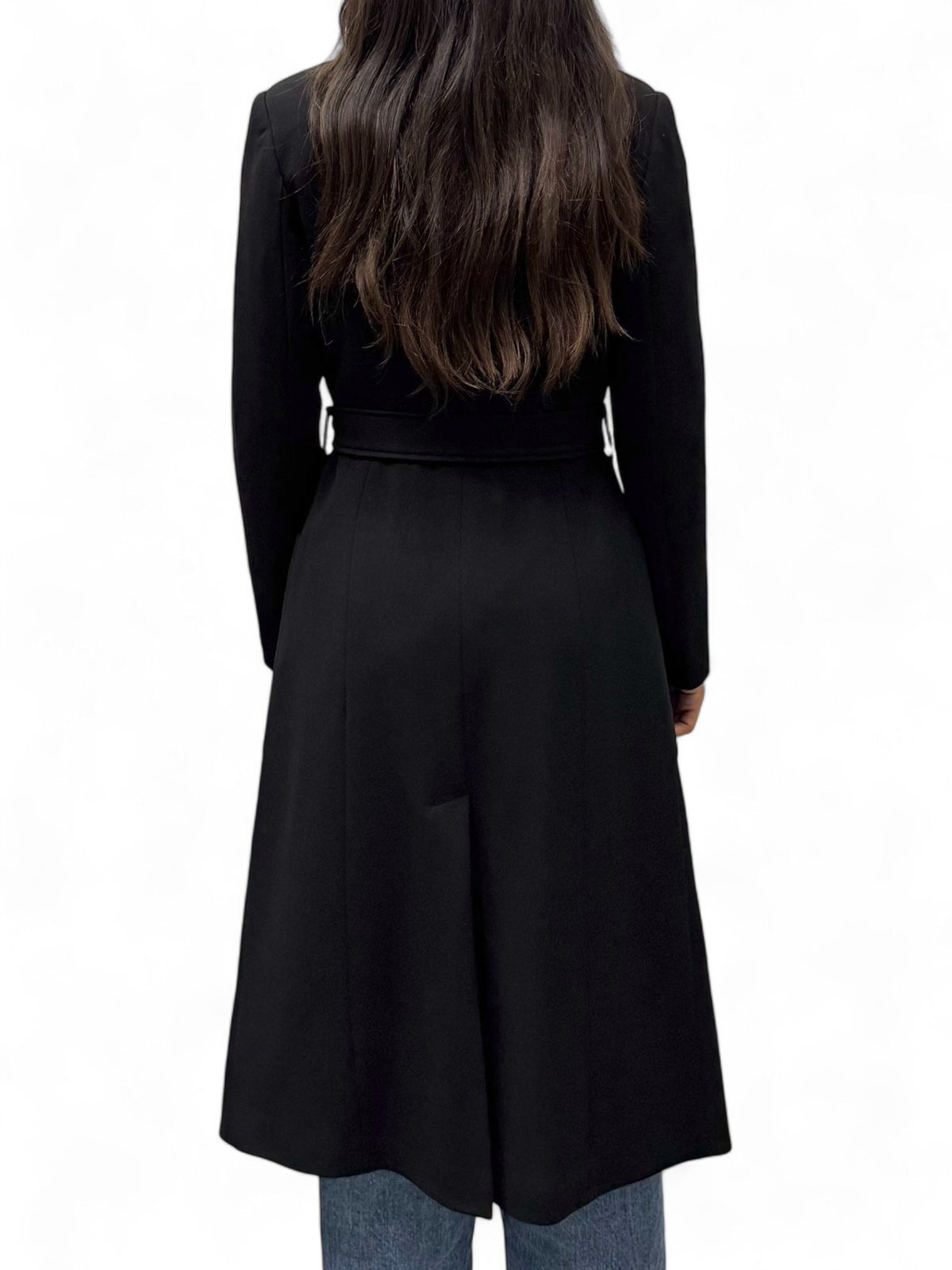 Long black coat with technical fabric sash