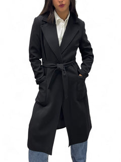 Long black coat with technical fabric sash