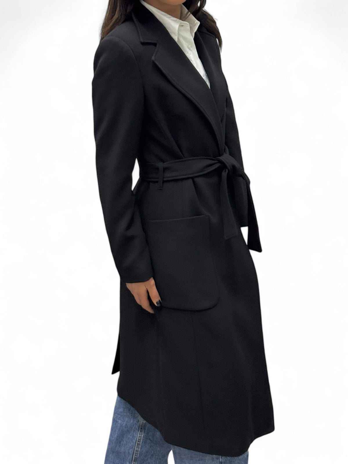 Long black coat with technical fabric sash
