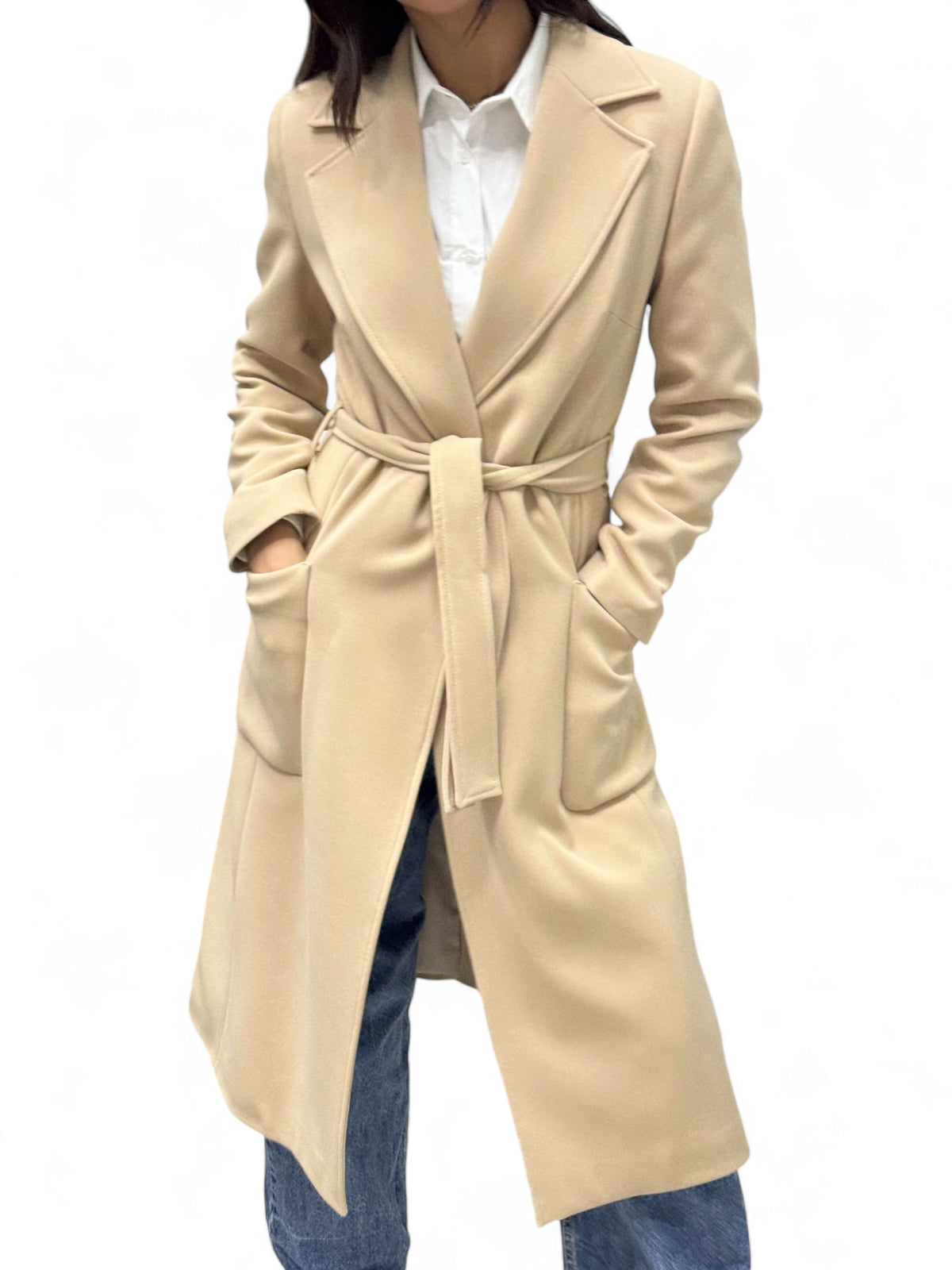 Cappotto lungo beige con fusciacca in tessuto tecnico