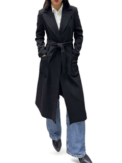 Long black coat with technical fabric sash
