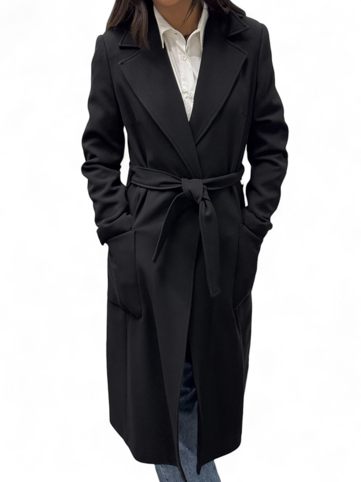 Long black coat with technical fabric sash