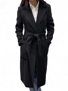 Long black coat with technical fabric sash